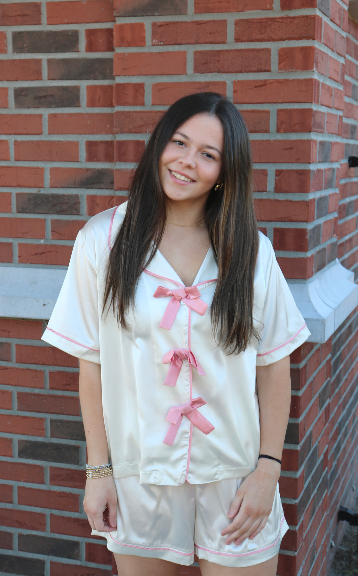 Cream Satin Pajama Set - Pink image 1