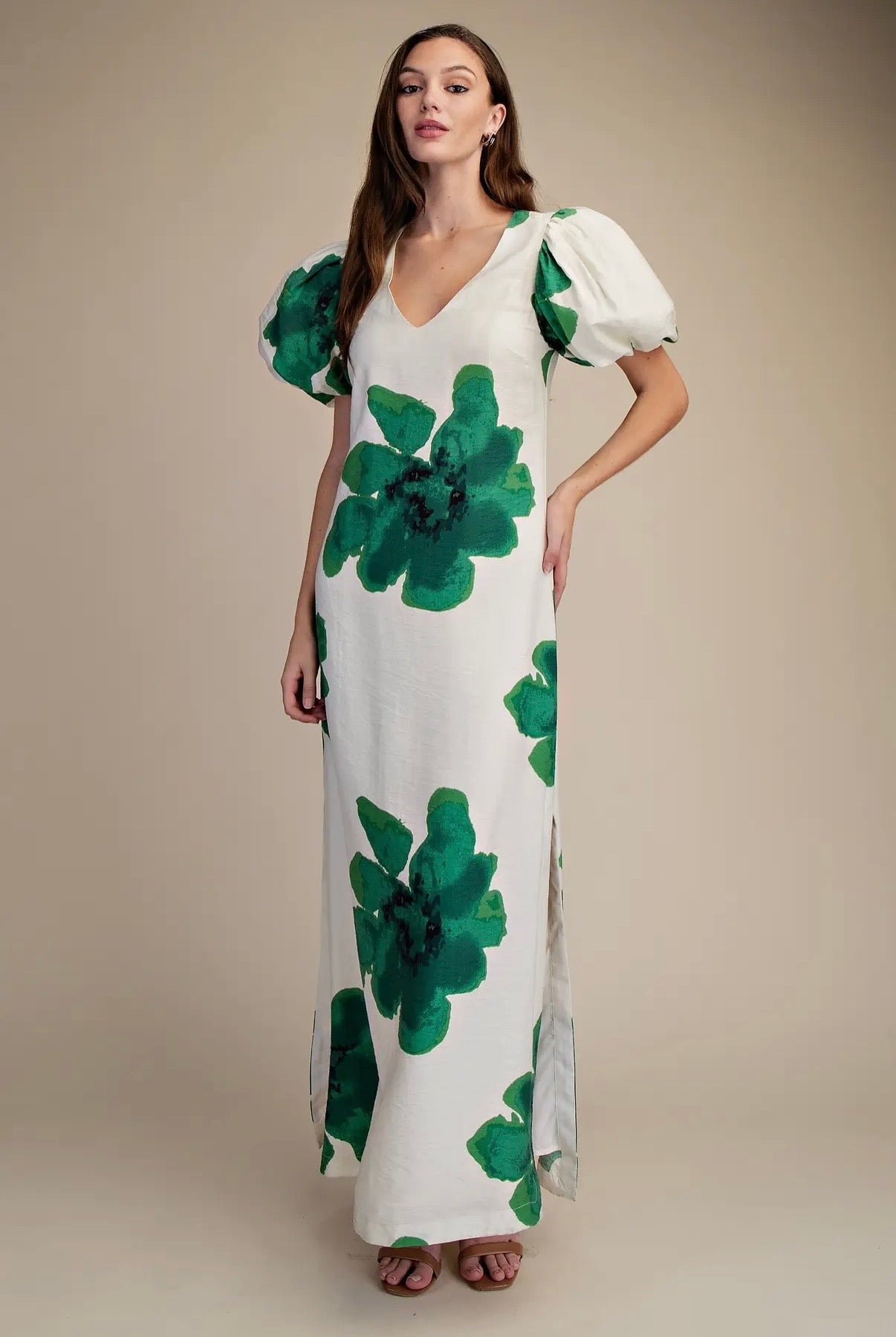Puff-Sleeve A-Line Maxi Dress