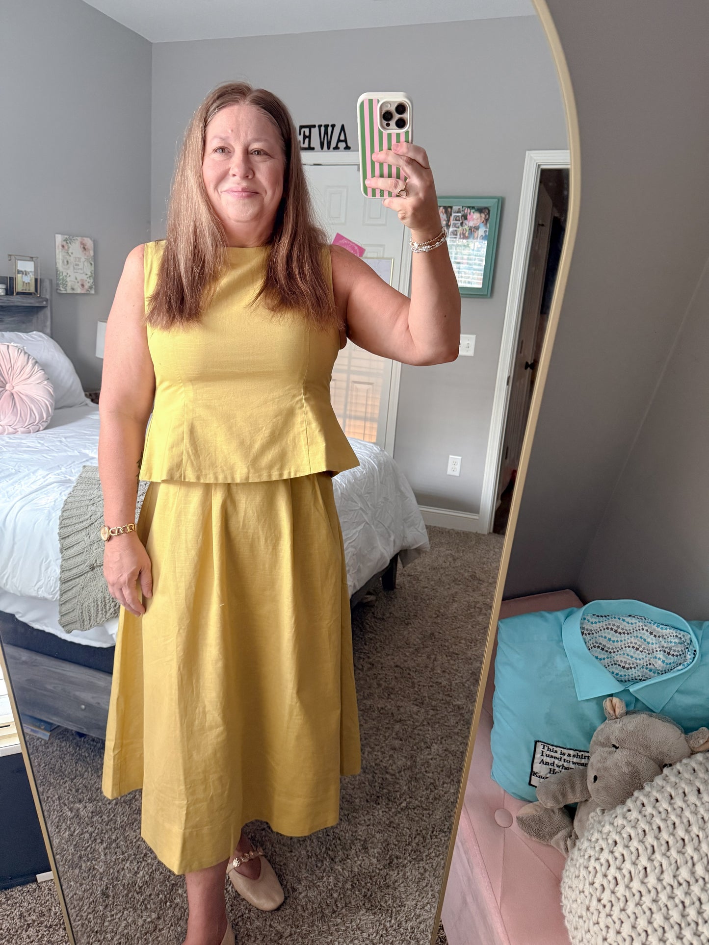 Linen Sleeveless Peplum Top and Pleated Waist Flare