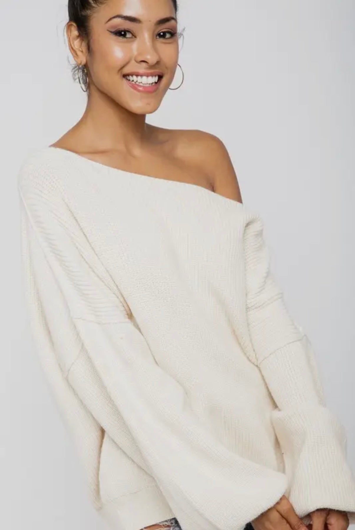 Boat Neck Bubble Sleeve Sweater - Ivory