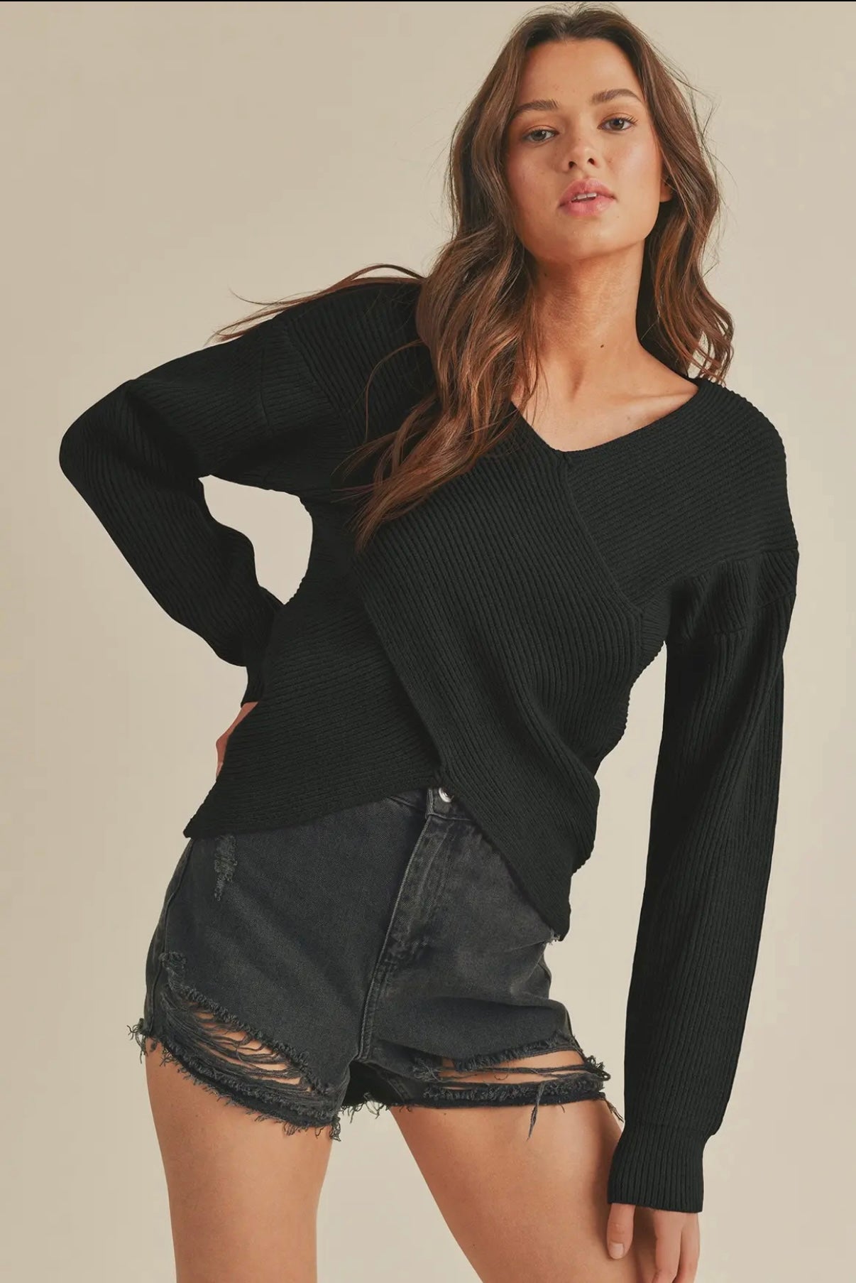 Black Ribbed Crossover Sweater