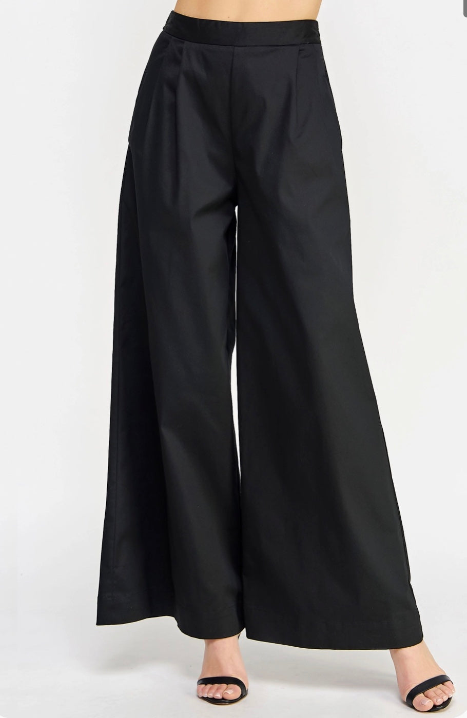 Pleat Detail Wide Leg Twill Pants - Black