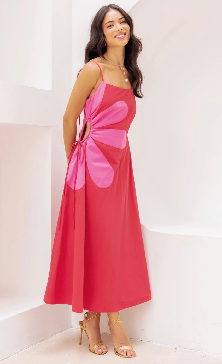 Sleeveless Side Cut-Out Flower Detail Midi Dress - Red/Pink