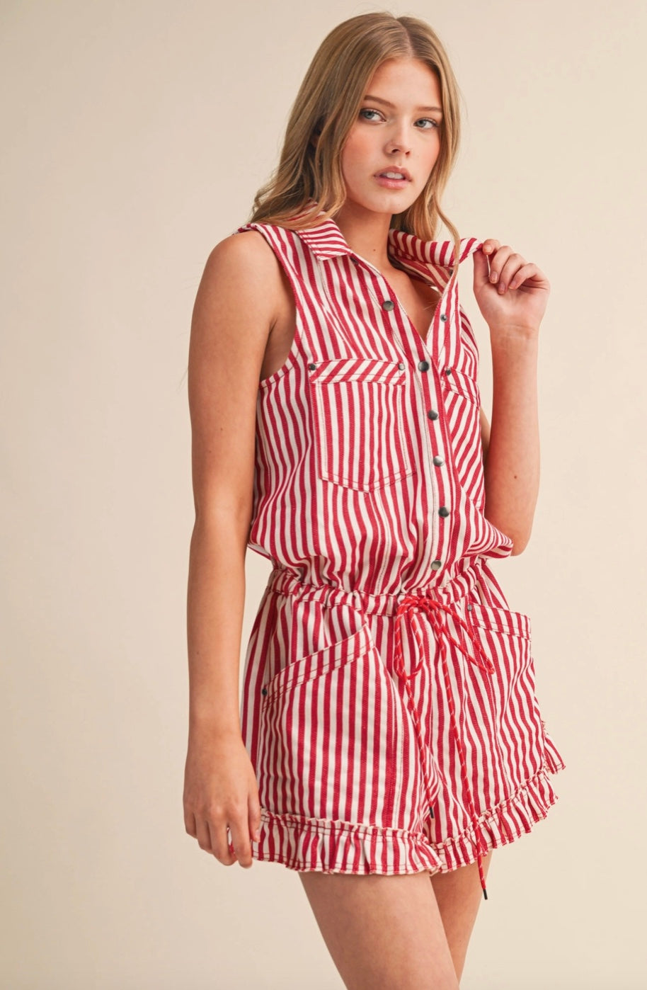 Striped Button Down Sleeveless Romper