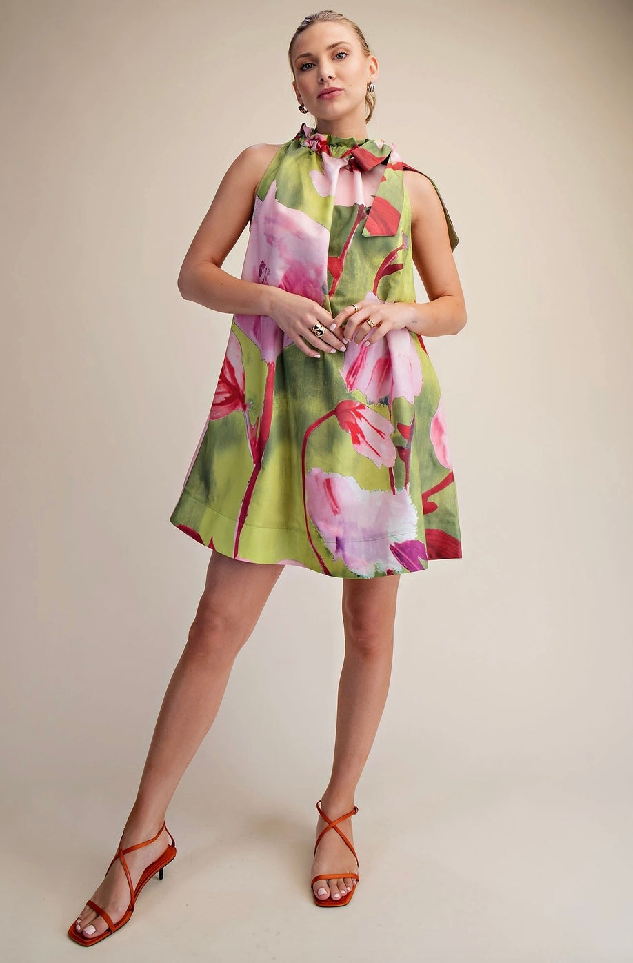 Ruffle Neck Tie Sleeveless Dress