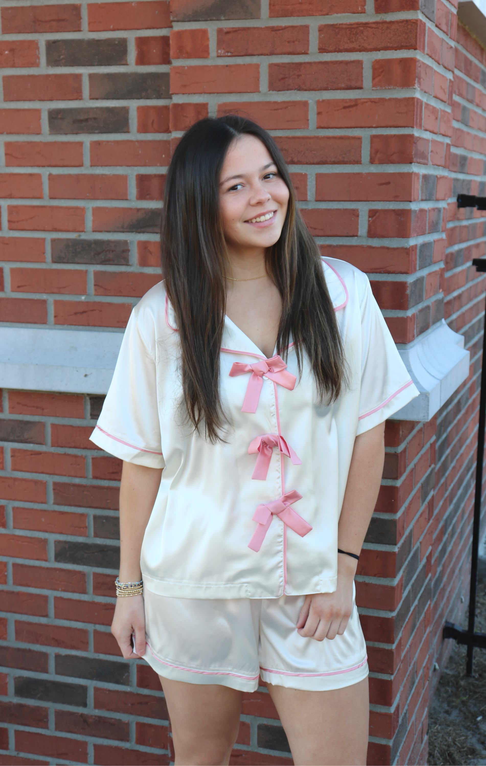 Cream Satin Pajama Set - Pink image 0