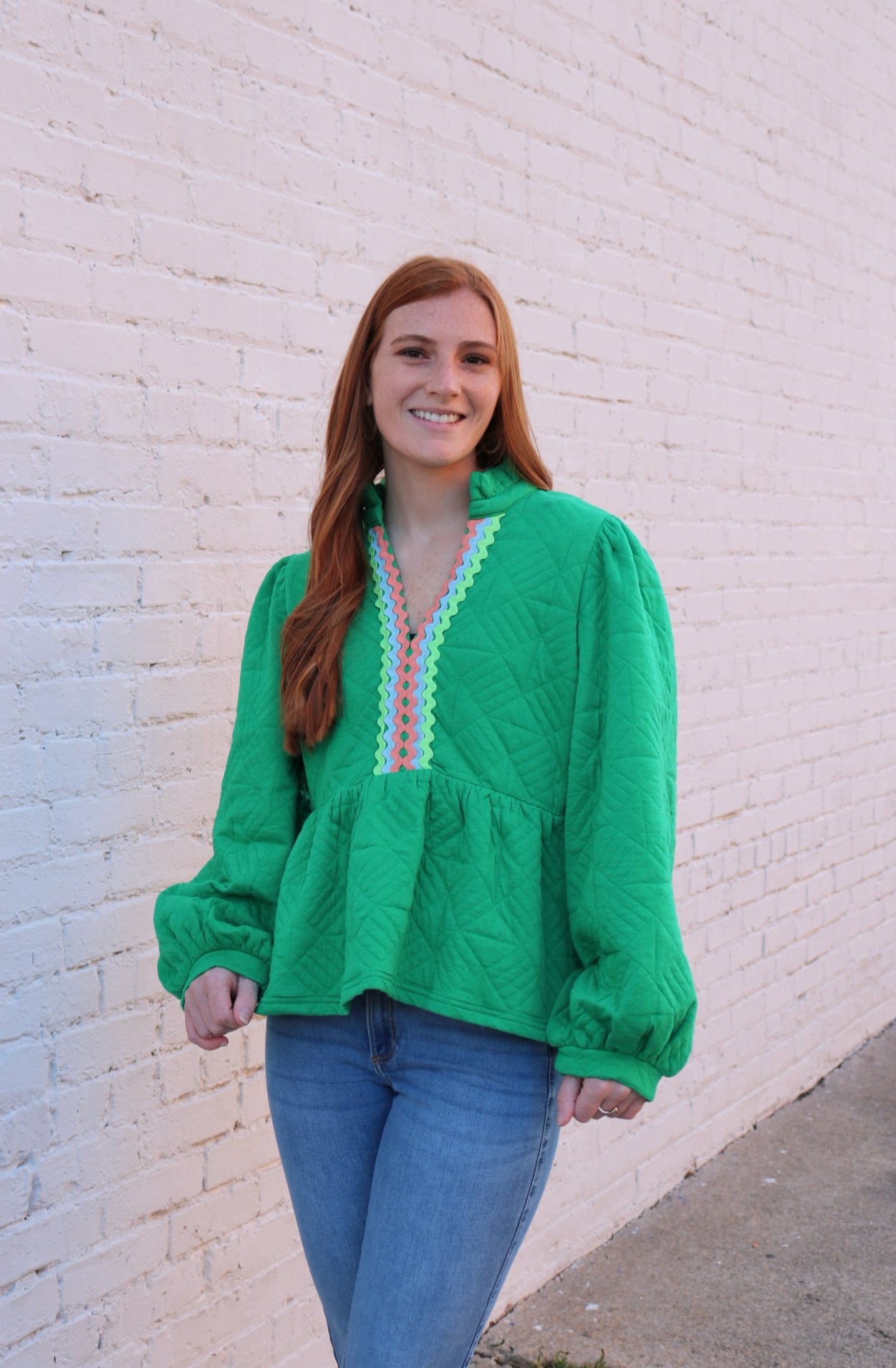 Green V-Neck Peplum Top image 0