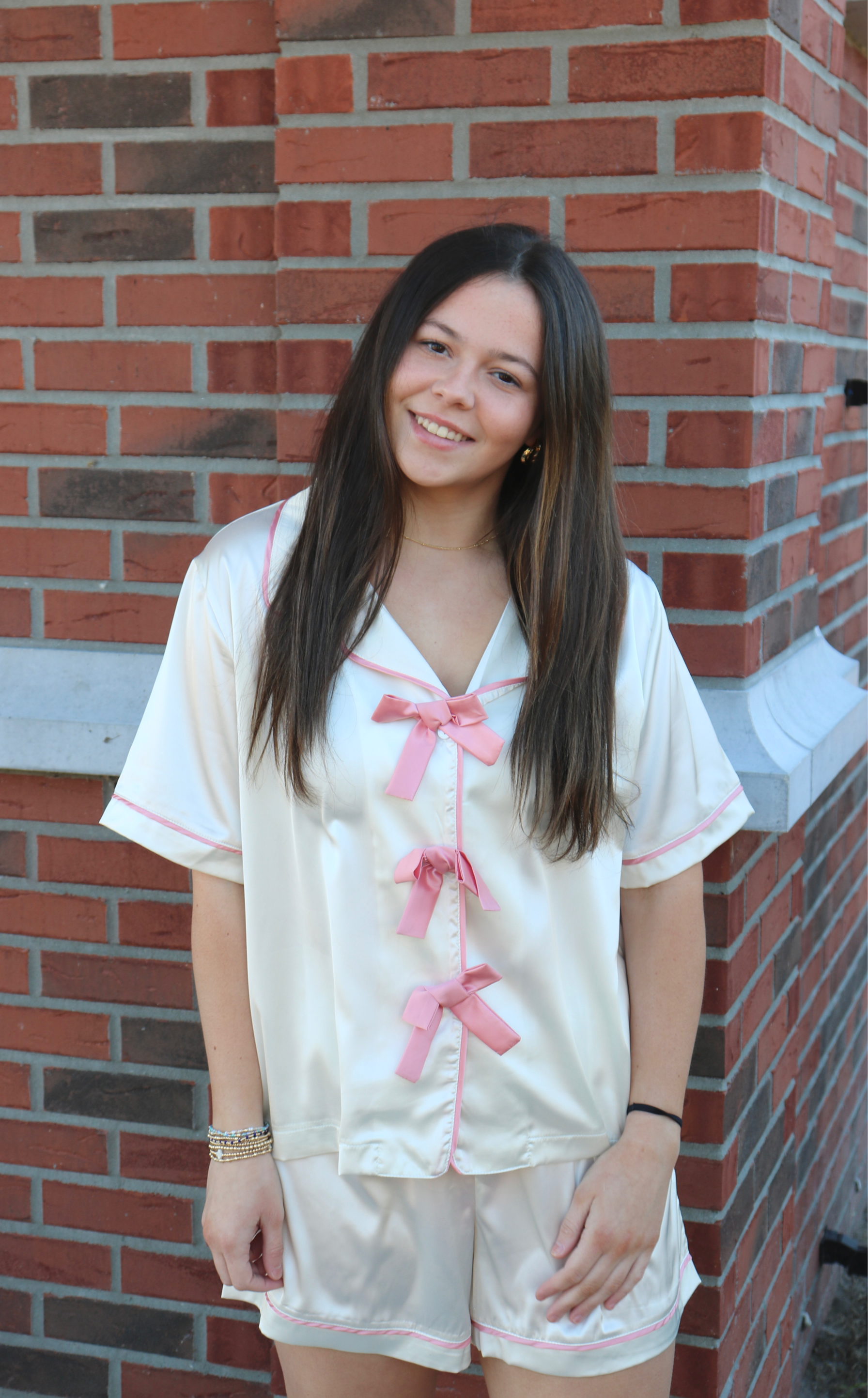 Cream Satin Pajama Set - Pink image 1