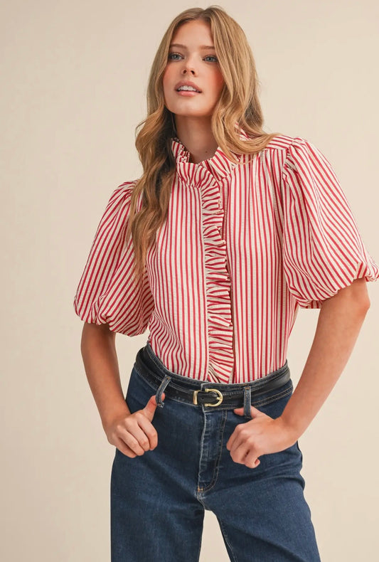 Berry Red Striped Ruffle Top