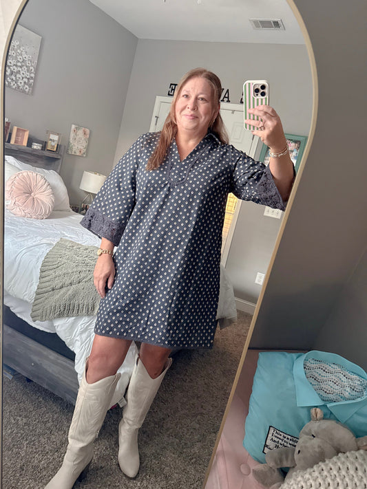 Crochet Trim Bell Sleeve Shift Mini Dress