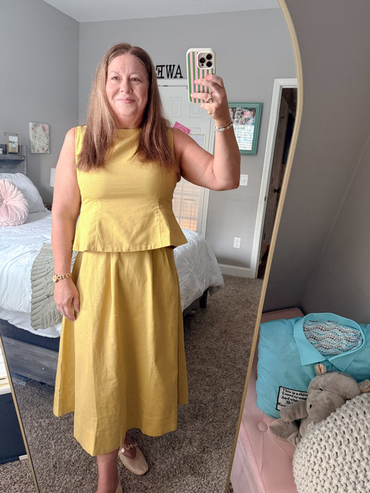 Linen Sleeveless Peplum Top and Pleated Waist Flare