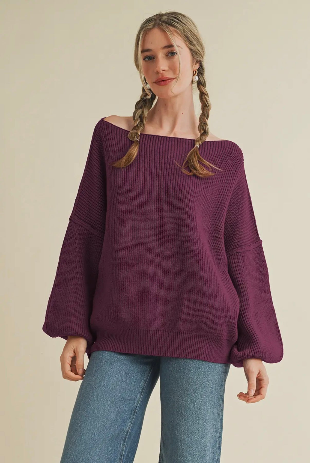 Boat Neck Bubble Sleeve Sweater  - Wine