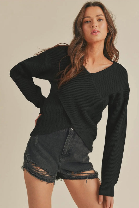 Black Ribbed Crossover Sweater