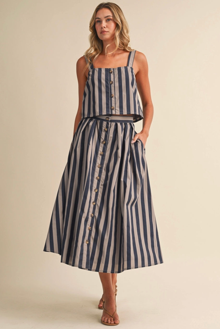 Sleeveless Back Button Up Top and Front Button Up Midi Skirt Set