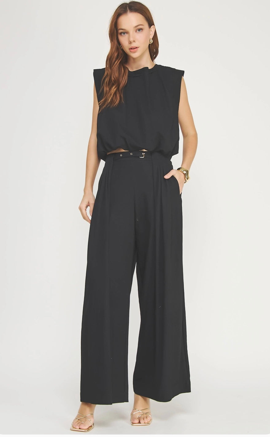 Sleeveless Top & Pleated Wide Pants Set - Black
