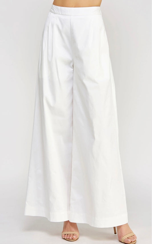 Pleat Detail Wide Leg Twill Pants - White