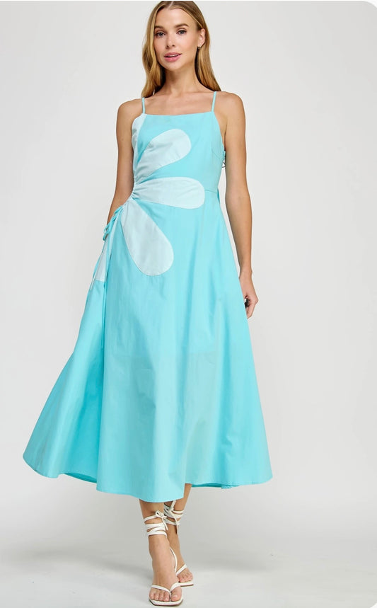 Sleeveless Side Cut-Out Flower Detail Midi Dress - blue