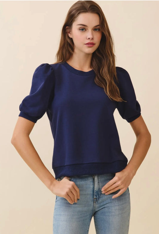 Crew Neck Short Puff Sleeve Knit Top