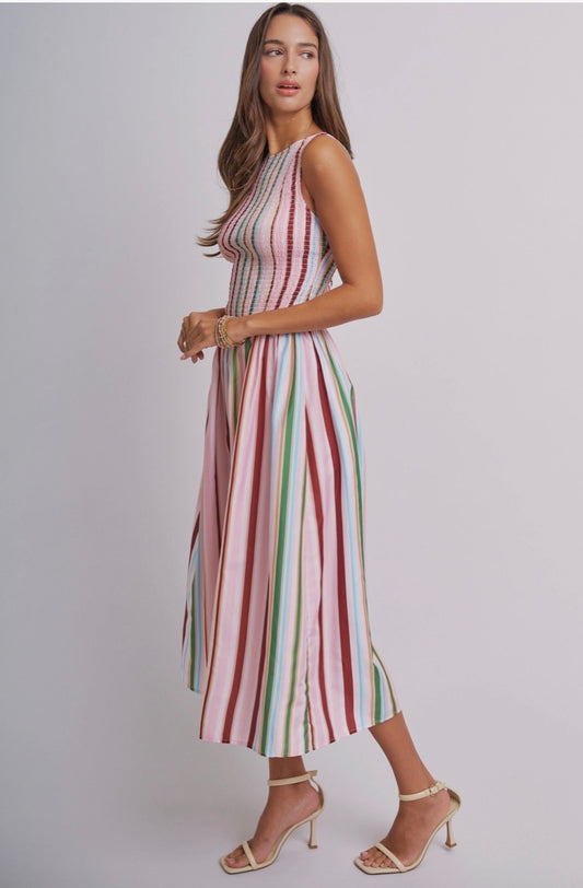Candy Stripe Smocked Midi Dress