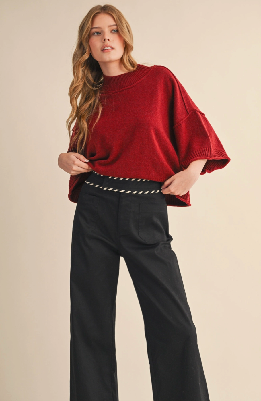 Knit mock neck short sleeve sweater